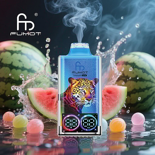Colorful Fumot Vape Device With A Leopard Illustration And Digital Display, Surrounded By Watermelon Slices, Whole Watermelons, And Candy Balls, With Vapor Rising From The Device.