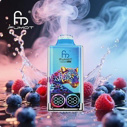 Colorful Fumot Vape Device With A Neon Leopard Design Releasing Vapor, Surrounded By Fresh Blueberries And Raspberries With Splashing Water In The Background.
