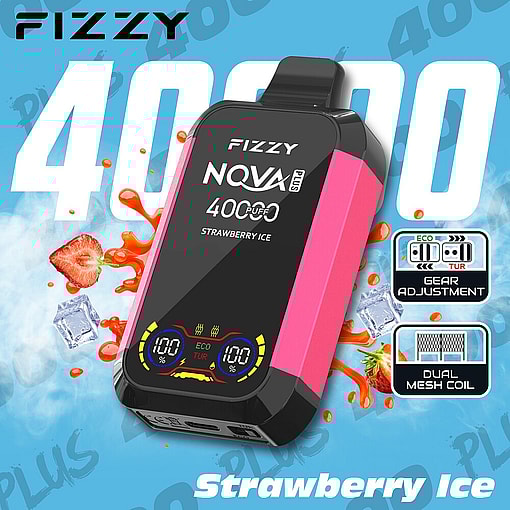 Fizzy Nova Plus Strawberry Ice Vape Device With A Pink And Black Design, Digital Display, And Features Like 4000 Puffs, Gear Adjustment, And Dual Mesh Coil Emphasized, Surrounded By Strawberries, Ice Cubes, And Juice Splashes On A Blue Background.