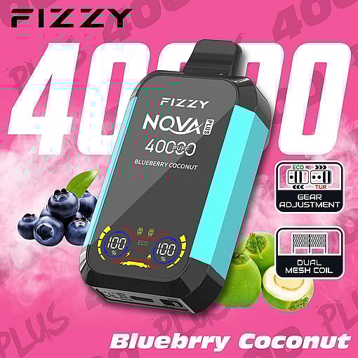 Fizzy Brand Vape Device With A Turquoise And Black Design, Labeled 'Nqva Plus' And 'Blueberry Coconut,' Surrounded By Images Of Blueberries And Coconuts, And Featuring Gear Adjustment And Dual Mesh Coil Icons On A Pink Background With '4000 Puffs' Text.