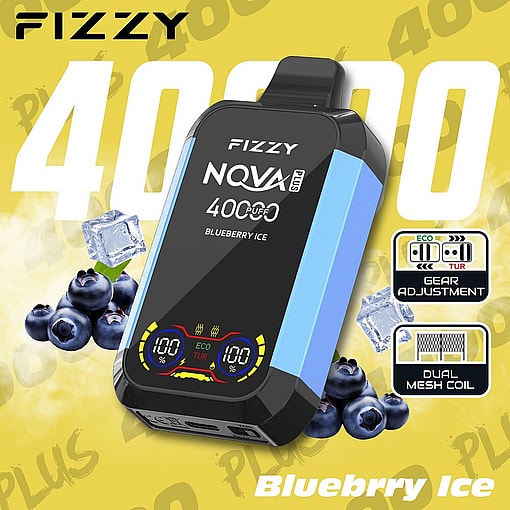 Fizzy Nqva Plus Blueberry Ice Disposable Vape Device With A Digital Display, Surrounded By Blueberries And Ice Cubes, Featuring Large '4000 Puff' Text And Gear Adjustment And Dual Mesh Coil Icons.