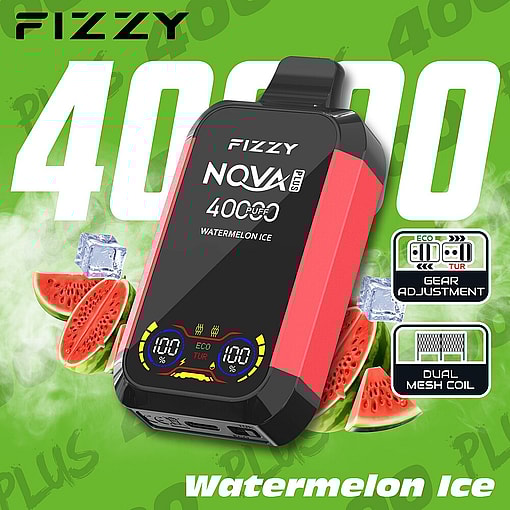 Fizzy Nqva Plus Disposable Vape Device In The Watermelon Ice Flavor, Shown With Watermelon Slices And Ice Cubes, Featuring Gear Adjustment And Dual Mesh Coil Icons, On A Green Background With Large '4000' Text.