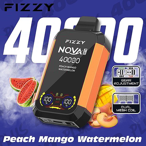 Promotional Image For Fizzy Nova Plus Vape Device Featuring A Display Of The Product, Flavor Name Peach Mango Watermelon, Puffs Count Of 4000, And Images Of Watermelon, Mango, And Peach With Gear Adjustment And Dual Mesh Coil Icons.