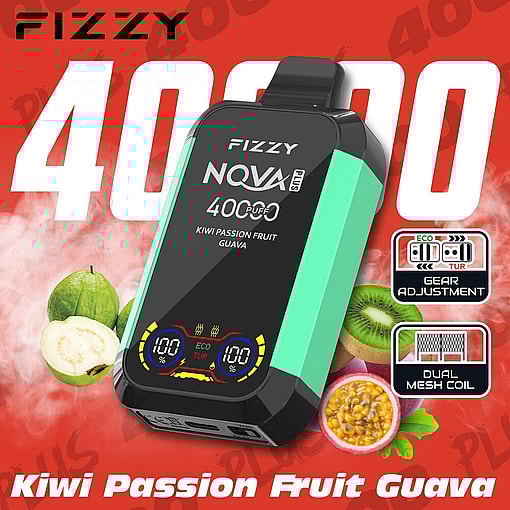Promotional Image For Fizzy Nqva Plus Vape Device In Kiwi Passion Fruit Guava Flavor, Featuring The Device With A Digital Display, Fruit Illustrations, And Text Highlighting 400 Puffs, Gear Adjustment, And Dual Mesh Coil.