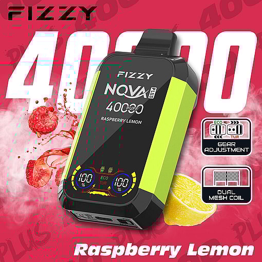 Fizzy Nqva Plus Vape Device In Raspberry Lemon Flavor, Featuring A Green And Black Body, Digital Display, And Highlighted Features Such As 4000 Puffs, Gear Adjustment, And Dual Mesh Coil, With Raspberry, Lemon, And Splash Graphics In The Background.