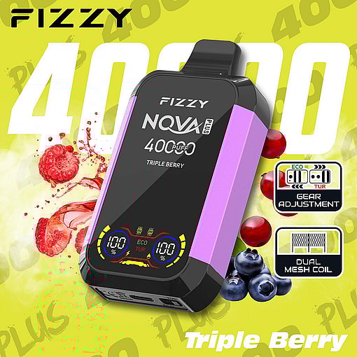 Fizzy Nqva Plus Disposable Vape Device In Purple With Digital Display, Labeled 'Triple Berry' Flavor And Showing Berries In The Background, Highlighting 4000 Puffs, Gear Adjustment, And Dual Mesh Coil Features.