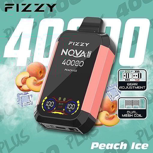 Promotional Image Of A Fizzy Nqva Plus Peach Ice Disposable Vape Device, Featuring Peaches, Ice Cubes, And Product Features Like 4000 Puffs, Gear Adjustment, And Dual Mesh Coil.