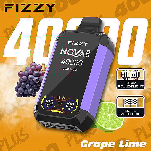 Fizzy Nqva Plus Vape Device In Purple With A Digital Display, Featuring Grape And Lime Flavors, Shown Alongside Images Of Grapes And A Lime Slice, With Text Highlighting 400 Puffs, Gear Adjustment, And Dual Mesh Coil Features.