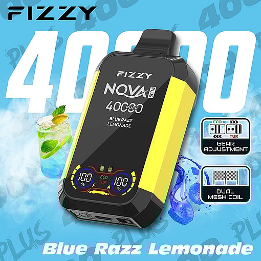 Fizzy Brand Disposable Vape Device Labeled Blue Razz Lemonade, Featuring 4000 Puffs, Gear Adjustment For Eco And Turbo Modes, Dual Mesh Coil, And A Digital Display, Set Against A Blue Background With A Glass Of Lemonade And Illustrating Raspberries.