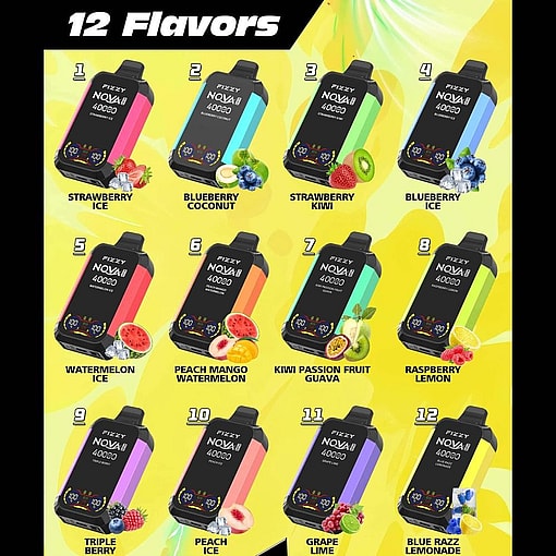 A Promotional Image Showing Twelve Fizzy Nova 4000 Disposable Vape Flavors, Each With A Colorful Vape Device And Corresponding Fruit Illustrations: Strawberry Ice, Blueberry Coconut, Strawberry Kiwi, Blueberry Ice, Watermelon Ice, Peach Mango Watermelon, Kiwi Passion Fruit Guava, Raspberry Lemon, Triple Berry, Peach Ice, Grape Lime, And Blue Razz Lemonade.
