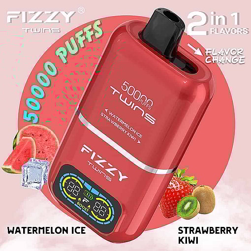 Promotional Image For A Red Fizzy Twins Vape Device Highlighting 50,000 Puffs, 2-In-1 Flavors (Watermelon Ice And Strawberry Kiwi), Flavor Change Feature, And Digital Display, With Fruit And Ice Illustrations.
