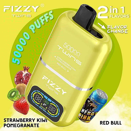 Promotional Image Of The Fizzy Twins Disposable Vape Device, Featuring 50,000 Puffs, 2-In-1 Flavors (Strawberry Kiwi Pomegranate And Red Bull), With Fruits And An Energy Drink Can In The Background.