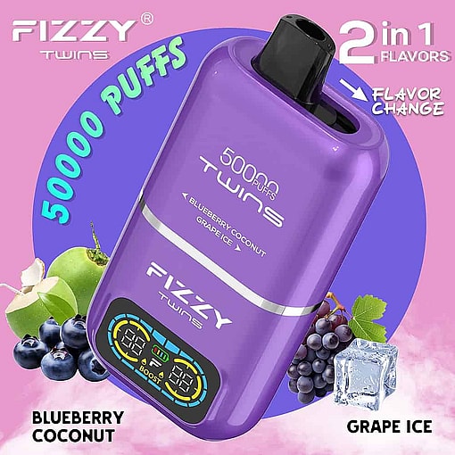 Colorful Advertisement For A Fizzy Twins Vape Device Featuring A Large Purple Vape With A Digital Display, Highlighting Its 50,000 Puff Capacity And Dual Flavors—Blueberry Coconut And Grape Ice—With Images Of Fruit, Ice, And Bold Text On A Pink And Blue Background.