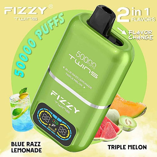 Fizzy Twins Green Vape Device Featuring 50,000 Puffs And Two Switchable Flavors, Blue Razz Lemonade And Triple Melon, With Images Of A Blue Drink, Watermelon, Cantaloupe, And Honeydew Slices.
