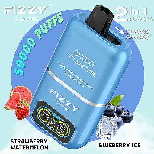 Blue Fizzy Twins Vape Device With Display Screen, Featuring 2-In-1 Flavors: Strawberry Watermelon And Blueberry Ice, Highlighted By Images Of Fruits And Ice Cubes, And Text Indicating Up To 50,000 Puffs And A Flavor Change Function.