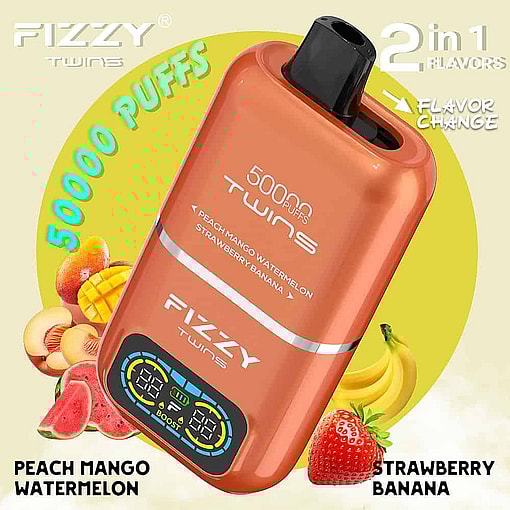 Fizzy Twins Vape Device Advertisement Showing A Peach-Colored Vape, Digital Display, And Highlighting Its 50,000 Puffs, Dual Flavors Of Peach Mango Watermelon And Strawberry Banana, With Images Of The Corresponding Fruits.
