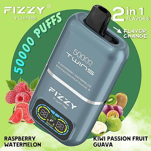 Promotional Image For A Fizzy Twins Vape Device Highlighting 50,000 Puffs, Two Flavors (Raspberry Watermelon And Kiwi Passion Fruit Guava), A Digital Display, And An Option To Change Flavors, With Images Of The Relevant Fruits In The Background.