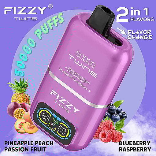 Advertisement For Fizzy Twins Vape Showing A Purple Vaping Device With 50,000 Puffs, Digital Display, And Two Flavor Options: Pineapple Peach Passion Fruit And Blueberry Raspberry, With Corresponding Fruit Images.