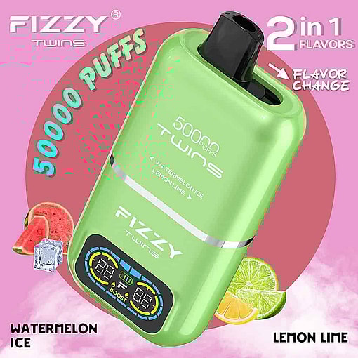 Green Fizzy Twins Vape Device With A Display Screen, Labeled With 50,000 Puffs And 2 In 1 Flavors, Featuring Watermelon Ice And Lemon Lime, On A Pink Background With Fruit Illustrations.