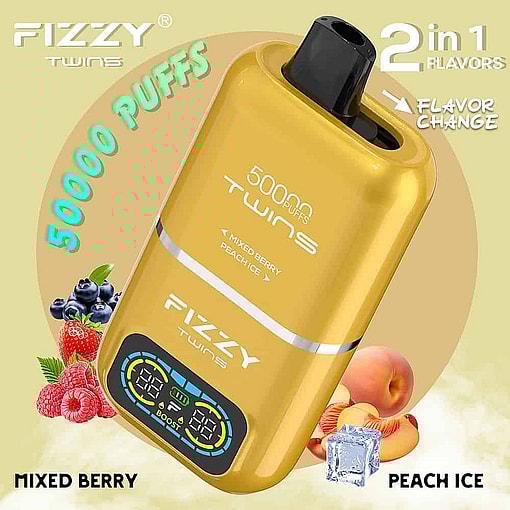 Promotional Image For Fizzy Twins Vape Device Showing A Yellow Vape With A Digital Display, Highlighting 50,000 Puffs, 2-In-1 Flavors (Mixed Berry And Peach Ice), And Illustrations Of Berries And Peaches With Ice.