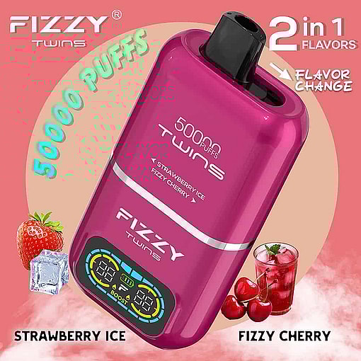 Pink Fizzy Twins Vape Device With A Digital Display, Labeled For 50,000 Puffs And Two Flavors, Strawberry Ice And Fizzy Cherry, Shown Alongside Images Of Strawberries, Ice Cubes, Cherries, And A Cherry Drink.