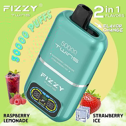 Advertisement For A Fizzy Twins Vape Device Featuring 50,000 Puffs With Two Flavors, Raspberry Lemonade And Strawberry Ice, Against A Colorful Background With Images Of The Vape, A Berry Drink, Raspberries, Strawberries, And Ice Cubes.