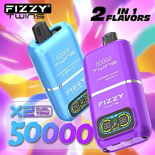 Two Brightly Colored Fizzy Twins Vape Devices, One Blue And One Purple, Featuring Dual Tank Design And Labeled With Two Different Flavor Combinations Against A Colorful, Abstract Background, Advertising 50,000 Puffs And &Quot;2 In 1 Flavors.&Quot;