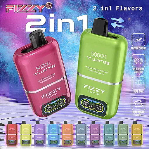 Colorful Fizzy Twins 2-In-1 Disposable Vape Devices Showcasing Different Flavors, Each Device Displaying Digital Controls And The Ability To Change Flavors.