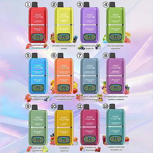 Twelve Colorful Disposable Vape Devices Labeled '5000 Twins Fizzy,' Each With Names And Images Of Different Fruit Flavors, Arranged In A Grid Against A Pastel Gradient Background.