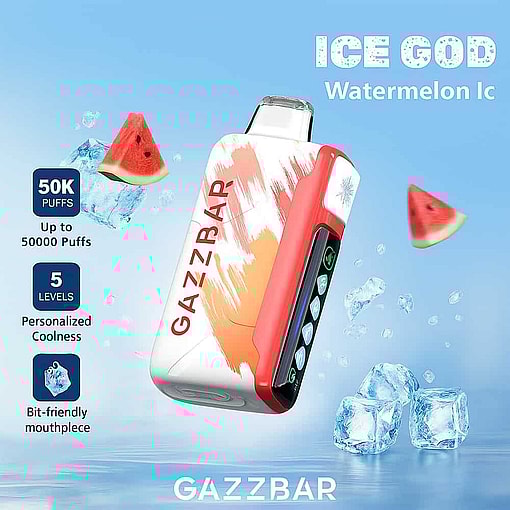 Promotional Image For Gazzbar Ice God Watermelon Ice Vape, Featuring The Device Surrounded By Ice Cubes And Watermelon Slices, With Text Highlighting 50,000 Puffs, Five Coolness Levels, And A Bit-Friendly Mouthpiece.