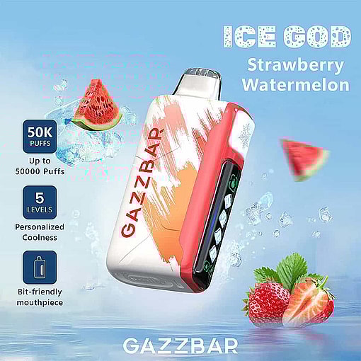 Gazzbar Ice God Strawberry Watermelon Vape Device Floating With Splashes Of Water, Ice Cubes, Strawberry And Watermelon Visuals, And Promotional Text Highlighting 50,000 Puffs, 5 Coolness Levels, And A Bit-Friendly Mouthpiece.