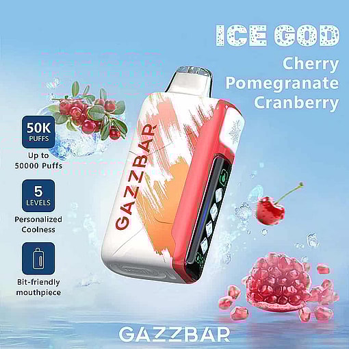 Promotional Image For A Gazzbar Ice God Vape With Cherry, Pomegranate, And Cranberry, Showing The Device Near Fruits And Ice, And Highlighting Features Like 50,000 Puffs, 5 Coolness Levels, And A Bit-Friendly Mouthpiece.