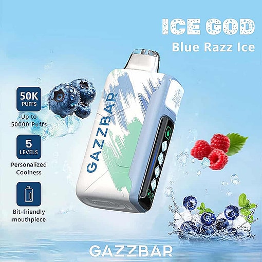 Promotional Image For Gazzbar Ice God Blue Razz Ice Vape, Showing The Device With Digital Display, Floating Blueberries And Raspberries, And Features Like 50,000 Puffs, 5 Coolness Levels, And A Bit-Friendly Mouthpiece Against A Blue Background.
