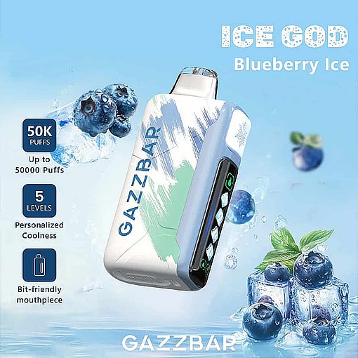 Promotional Image For Gazzbar Ice God Blueberry Ice Disposable Vape, Featuring The Vape Device Surrounded By Blueberries And Ice Cubes, With Highlighted Features Like Up To 50,000 Puffs, Five Cooling Levels, And A Bit-Friendly Mouthpiece.
