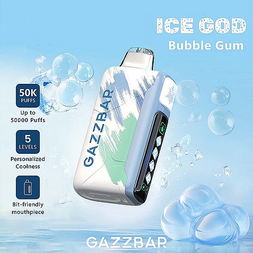 Promotional Image For The Gazzbar Ice God Bubble Gum Vape Showing The Device With A Digital Display, Surrounded By Blue Bubbles, And Featuring Text Highlighting 50,000 Puffs, Five Levels Of Personalized Coolness, And A Bit-Friendly Mouthpiece.