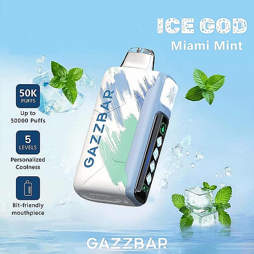Gazzbar Ice God Miami Mint Vaping Device With A Modern Design, Mint Leaves, Ice Cubes, And Text Highlighting Features Like 50,000 Puffs, Five Coolness Levels, And A Bit-Friendly Mouthpiece.