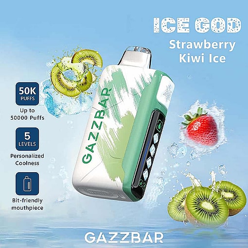 Gazzbar Vape Device In A Green And White Design With Floating Images Of Kiwis And A Strawberry Over Ice, Advertising Strawberry Kiwi Ice Flavor, 50,000 Puffs, Five Cooling Levels, And A Bit-Friendly Mouthpiece.