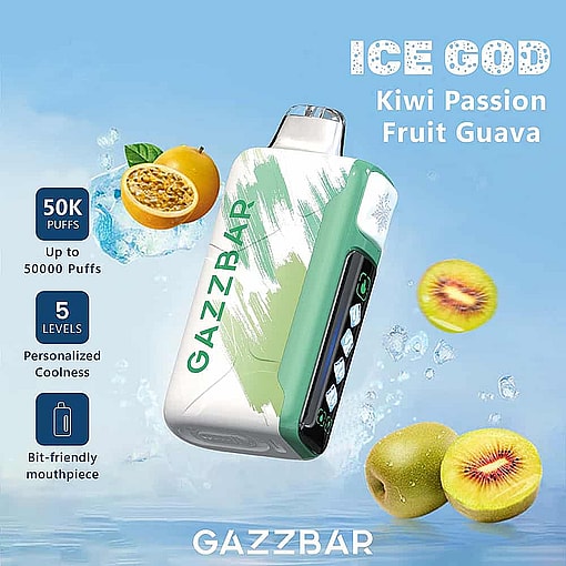 Promotional Image For Gazzbar'S 'Ice God' Vape Featuring Kiwi, Passion Fruit, And Guava Flavors, With Product Details Highlighting 50,000 Puffs, Five Cooling Levels, And A Bit-Friendly Mouthpiece, Alongside Images Of The Vape Device And Fruit.