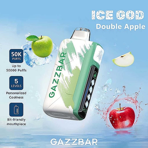 Promotional Image For Gazzbar Ice God Double Apple Vape, Featuring The Device With Splashing Green And Red Apples, Ice Cubes, And Text Highlighting 50,000 Puffs, 5 Cooling Levels, And A Bit-Friendly Mouthpiece.