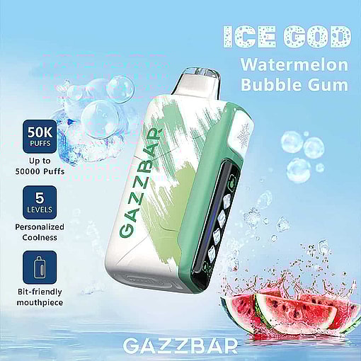 Gazzbar Vape Device Labeled 'Ice God Watermelon Bubble Gum' With Water Splashes, Floating Bubbles, Watermelon Slices, And Highlighted Features Such As 50,000 Puffs, 5 Coolness Levels, And A Bit-Friendly Mouthpiece.