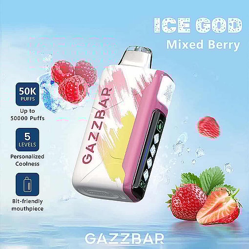 Colorful Gazzbar Vape Device With Digital Display On A Blue Background, Surrounded By Strawberries And Raspberries, With Text Highlighting Features Like 50,000 Puffs, Five Coolness Levels, And A Bit-Friendly Mouthpiece.