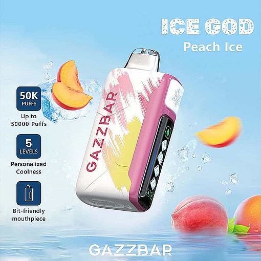 Gazzbar Ice God Peach Ice Disposable Vape Device With A Colorful Design, Surrounded By Ice Cubes And Peach Slices, Highlighting Features Like 50,000 Puffs, Personalized Coolness, And A Bit-Friendly Mouthpiece.