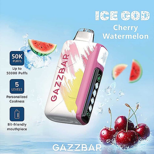 Gazzbar Ice God Cherry Watermelon Disposable Vape With A Colorful Device, Digital Display, And Images Of Cherries, Watermelon, And Ice Cubes In A Blue Background Highlighting Features Like 50,000 Puffs And Personalized Coolness.