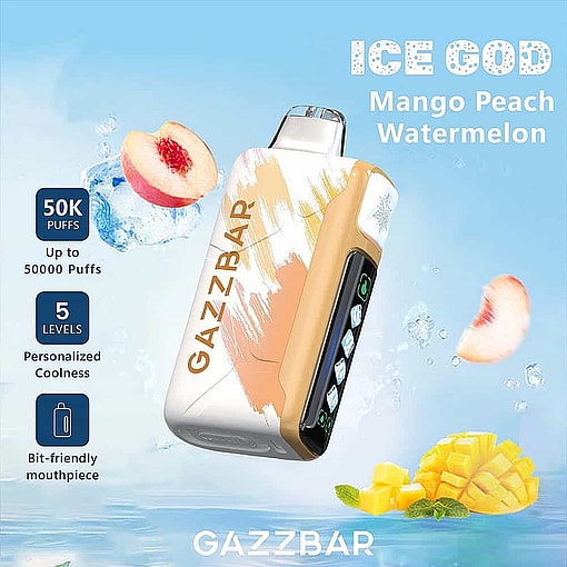 Promotional Image Of A Gazzbar Vape With An Ice-Themed Design, Featuring The Flavors Mango, Peach, And Watermelon, And Highlighting Features Like 50,000 Puffs, Five Coolness Levels, And A Bit-Friendly Mouthpiece, With Fruit And Ice Visuals In The Background.