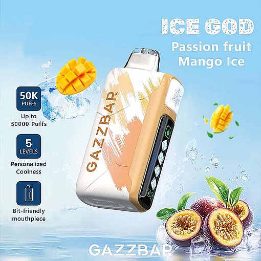 Promotional Image For Gazzbar Ice God Vape Featuring A White And Gold Device, Sliced Passion Fruit And Mango, Ice Cubes, And Text Highlighting Features Such As 50,000 Puffs, 5 Cooling Levels, And A Bit-Friendly Mouthpiece.