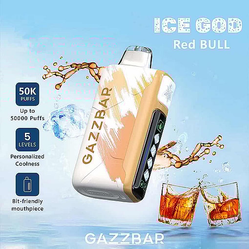 Promotional Image For Gazzbar Ice God Red Bull Vape Device Showing The Product In Front Of Splashing Iced Drinks And Highlighting Features Like 50,000 Puffs, Five Coolness Levels, And A Bit-Friendly Mouthpiece.