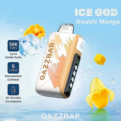 Promotional Image For Gazzbar Ice God Double Mango Vape, Showing The Vape Device With Abstract Mango And Ice Graphics, And Highlighted Features Including 50,000 Puffs, Five Coolness Levels, And A Comfortable Mouthpiece.