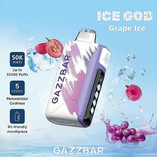 Gazzbar Ice God Grape Ice Vape Device With A Purple And White Design, Floating Among Ice Cubes And Grapes, Highlighting Features Like 50,000 Puffs, 5 Cooling Levels, And A Bit-Friendly Mouthpiece.