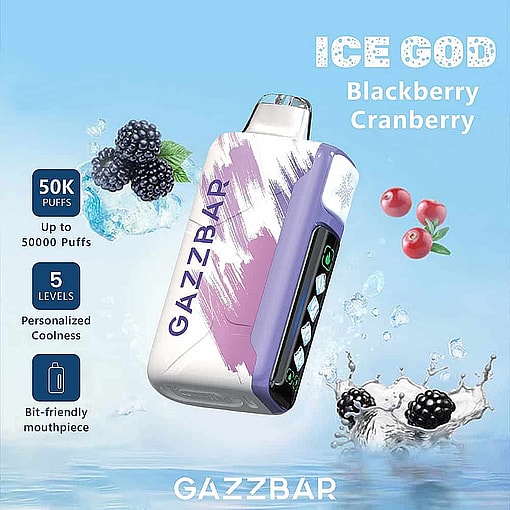 Gazzbar Disposable Vape With A Purple And White Design, Featuring Blackberry And Cranberry Flavors, Next To Images Of Blackberries, Cranberries, And Ice, With Highlighted Features Such As 50,000 Puffs, Five Coolness Levels, And A Bit-Friendly Mouthpiece.