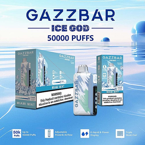 Gazzbar Ice God Miami Mint Disposable Vape Device And Packaging With Ice-Themed Design, Highlighting 50,000 Puffs, Adjustable Power And Airflow, E-Liquid And Power Display, And Triple Mesh Coil Features.